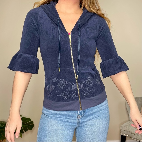 Y2K Juicy Couture Navy Velour Short Sleeve Embroidered Zip Up Sweater (M) - Picture 2 of 6